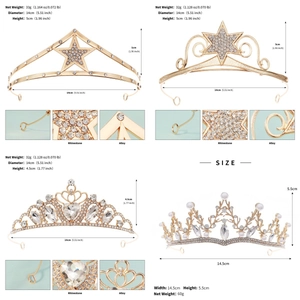 Detailed specs showing weights and dimensions of four gold rhinestone bridal tiaras