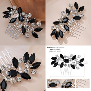 Detail view of a vintage flower hair comb with black rhinestones and size dimensions