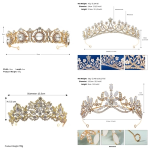 Detailed size chart for baroque gold tiaras with imitation pearls and shiny rhinestones