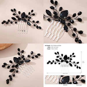 Detail showing dimensions and weight of black rhinestone hair comb for bridal wedding style