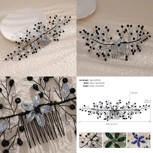 Macro view of handmade black rhinestone hair comb with crystal beads for wedding styling