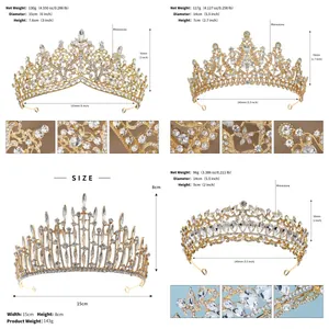 Size chart showing weight and dimensions for gold rhinestone baroque crowns
