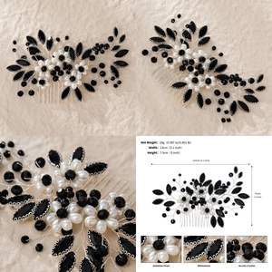 Detail of handmade hair comb with black rhinestones, white pearls and crystal beads