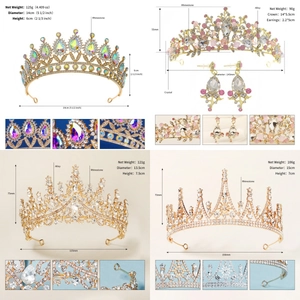Detailed size and weight specs for various gold and silver rhinestone bridal crowns