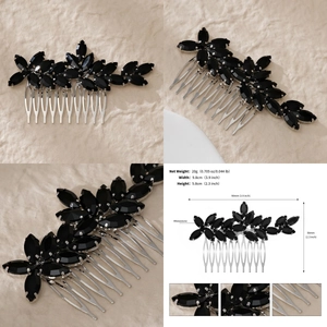 Detail showing the dimensions and crystal craftsmanship of the black rhinestone hair comb