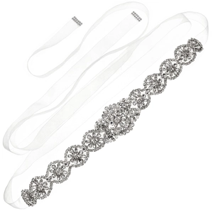Elegant luxury bridal wedding belt with sparkling rhinestone flowers on white ribbon