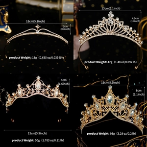 Detailed comparison of four gold bridal crowns with varying dimensions and weights