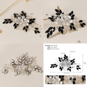 Macro view of bridal hair comb with black rhinestones, white flowers and faux pearls
