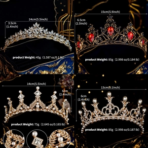 Baroque gold crowns with crystals and pearls showing precise dimensions and weight
