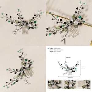 Detail of handmade wedding hair comb with green beads and silver leaves on copper wire
