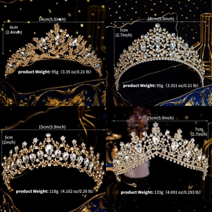 Detailed specs of luxury gold bridal crowns with sparkling rhinestones and crystal weight