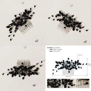 Detail view of handmade black crystal bead hair comb with dimensions and 24g weight