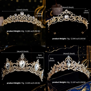 Detailed size and weight specs for four luxury gold rhinestone baroque crown tiaras