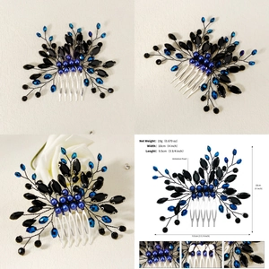 Detail of handmade bridal hair comb with black rhinestones and crystals 10cm wide