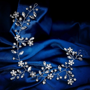Handmade bridal headband with silver wires, rhinestones and pearls on blue silk