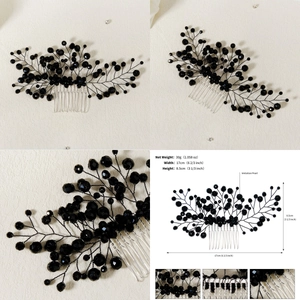 Detailed views and dimensions of a handmade black crystal beaded bridal hair comb with wire