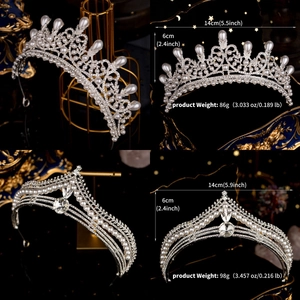 Dettagli di tiare in perle argentate con misure precise ed eleganti decorazioni in cristallo