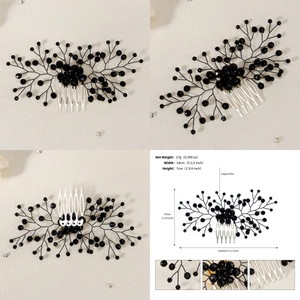Macro detail of black beaded hair comb for wedding bridal hairstyle with copper wire branching