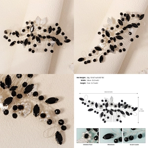 Detail showing 16cm x 7cm size and handcrafted black rhinestone pearl hair comb dimensions