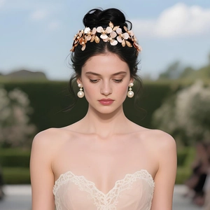 Dettaglio di fascia da sposa con foglie dorate, fiori rosa e set di orecchini di perle