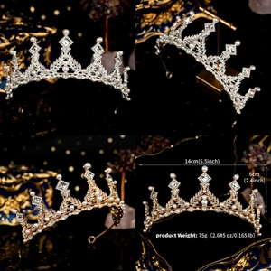 Vista dettagliata del diadema a corona di perle da 14 cm con dimensioni e specifiche
