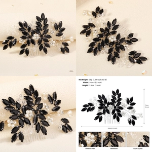 Detail showing dimensions and intricate black crystal beadwork of the bridal hair comb