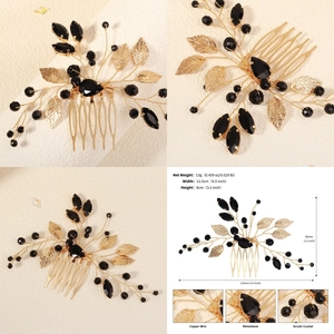 Macro view of handmade black rhinestone hair comb with golden wire leaves for weddings