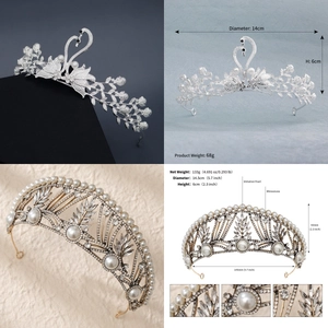 Vista dettagliata di tiara con perle e strass con dimensioni e specifiche materiali