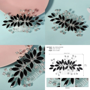 Detail view of handmade black rhinestone hair comb with 12x7cm dimensions and 24g weight
