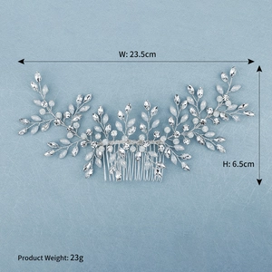 Detailed size view of silver bridal hair comb with rhinestones and white pearls