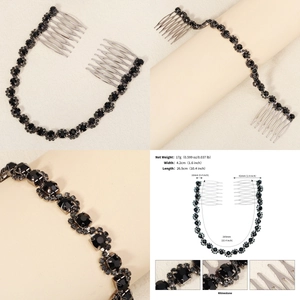Detailed views of handmade black rhinestone hair comb with crystal beads and size dimensions
