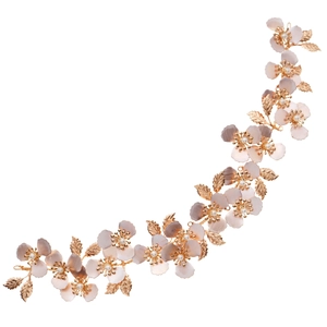 Elegante fascia da sposa con foglie dorate e fiori rosa per acconciature da matrimonio
