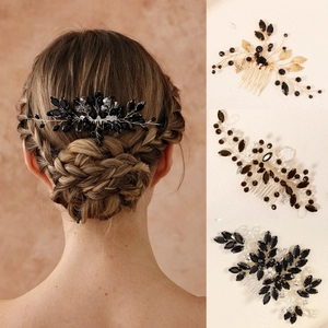 Handmade Black Rhinestone Bridal Hair Comb Crystal Artificial Pearl Branch Hairclip Vintage Gothic Wedding Party Headwear For Women