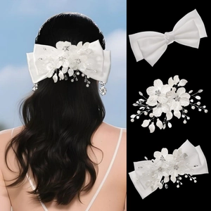 Pince à Cheveux Nœud en Satin Blanc Français Fleur en Acrylique Fait Main Künstliche Perle Strass Accessoires Cheveux Mariage