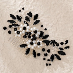 Handmade Halloween bridal hair comb with black rhinestones, white pearls and silver wire