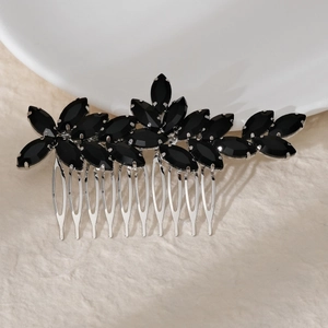 Elegant Halloween bridal hair comb with black marquise rhinestones on silver metal frame