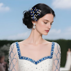 Detail of silver bridal hair comb with deep blue crystals on an elegant side bun