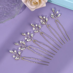 Set of 6 golden U-shaped hair pins with crystals and white pearls for bridal styling
