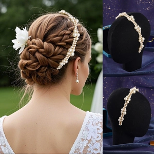 Elegant Hand-Woven Imitation Artificial Pearl Headband Gold Metal Wire Wedding Bridal Hair Accessories For Banquet Photography Women
