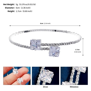 Detail view of silver cuff bracelet with square zircon and rhinestone inlay measurements