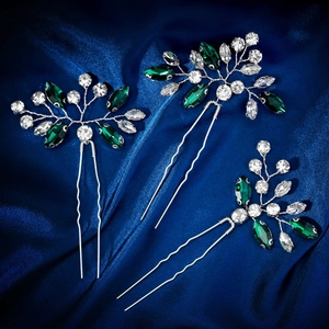 Three-piece set of elegant silver hair pins with emerald marquise stones and crystals