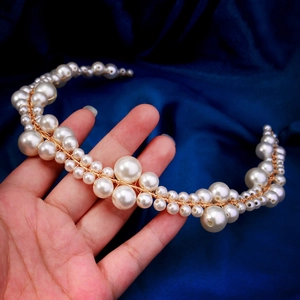 Handmade woven faux pearl headband with golden wire for weddings and bridal hair styling