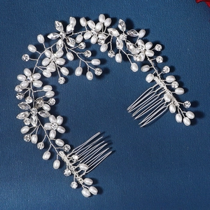 Handmade bridal headpiece with white pearls and crystals on silver wire with double combs