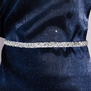 Elegant thin bridal belt with marquise rhinestones on dark blue satin fabric
