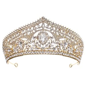 Luxurious gold crystal bridal crown with sparkling waterdrop rhinestones for weddings