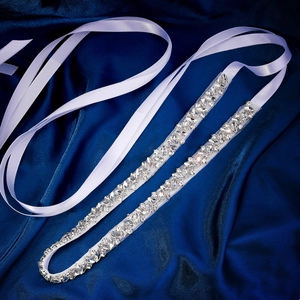 Elegant bridal waist belt with sparkling rhinestones and white satin ribbon for wedding gowns