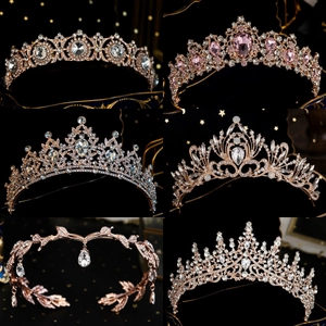 Elegante Tiara a Corona in Oro Rosa per Donna Copricapo da Sposa in Cristallo con Strass per Matrimonio Compleanno Festa Accessori per Capelli da Principessa