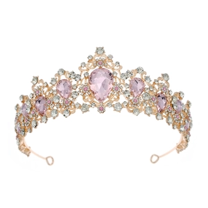 Elegante corona da principessa in oro rosa con cristalli rosa a pera e gemme bianche lucide
