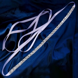 Elegant lavender satin bridal sash with shimmering crystal leaf design for wedding dresses