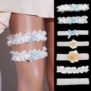 Bridal Wedding Lace Garter For Women Satin Bowknot Leg Ring With Imitation Artificial Pearl Elastic Thigh Band For Party Cosplay Jewelry